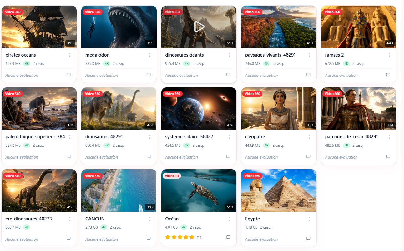 Aperçu du catalogue Horus Vision : vignettes de vidéos 360° et 2D en 4K classées par thème, avec durée, taille et évaluations